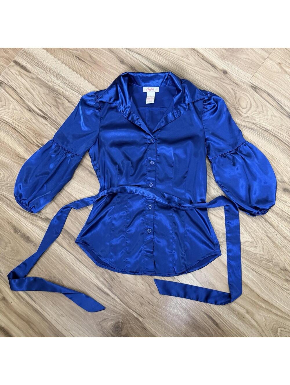 Candie's Royal Blue Satin Balloon Sleeve Belted Blouse Y2K McBling S